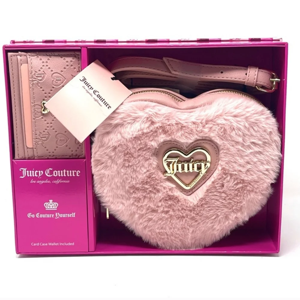 Juicy Couture "Taffy" Heart🩷 Faux Fur Crossbody Purse w/ Matching Card Case - Picture 4 of 11